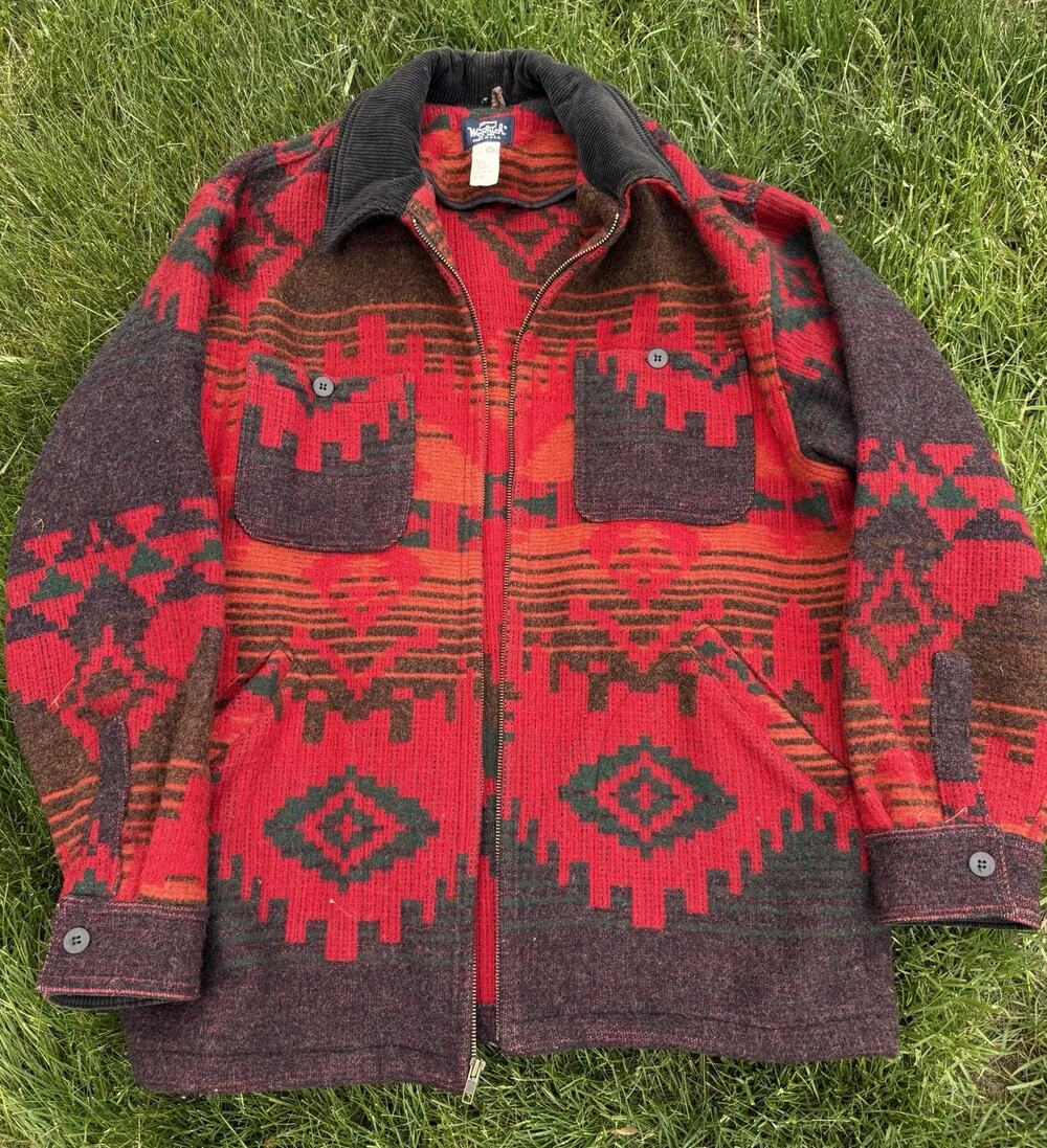 Vtg Wool Rich Wool Red Aztec Zipper Corduroy Collar Large Chore Barn Coat